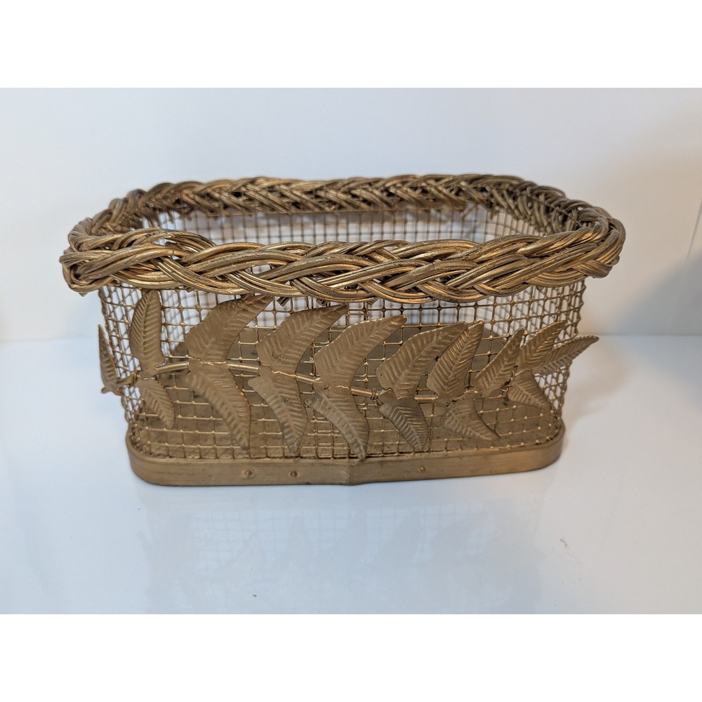 Vintage Gold Wire Mesh Basket Hollywood Regency Leaf Decor Braided 8.5x6x4.5